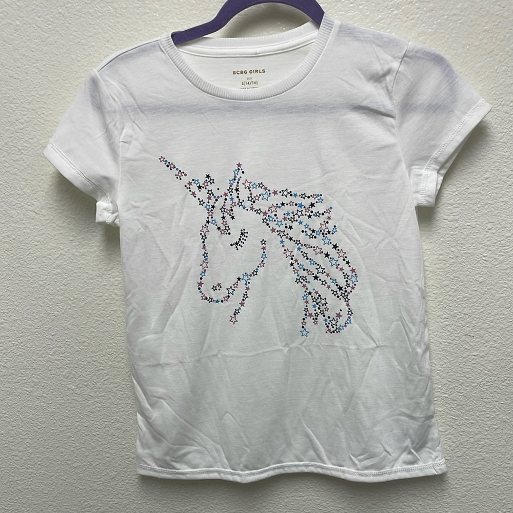 BCBG Girl’s Large 14/16 White T-Shirt with Stars Unicorn Outline